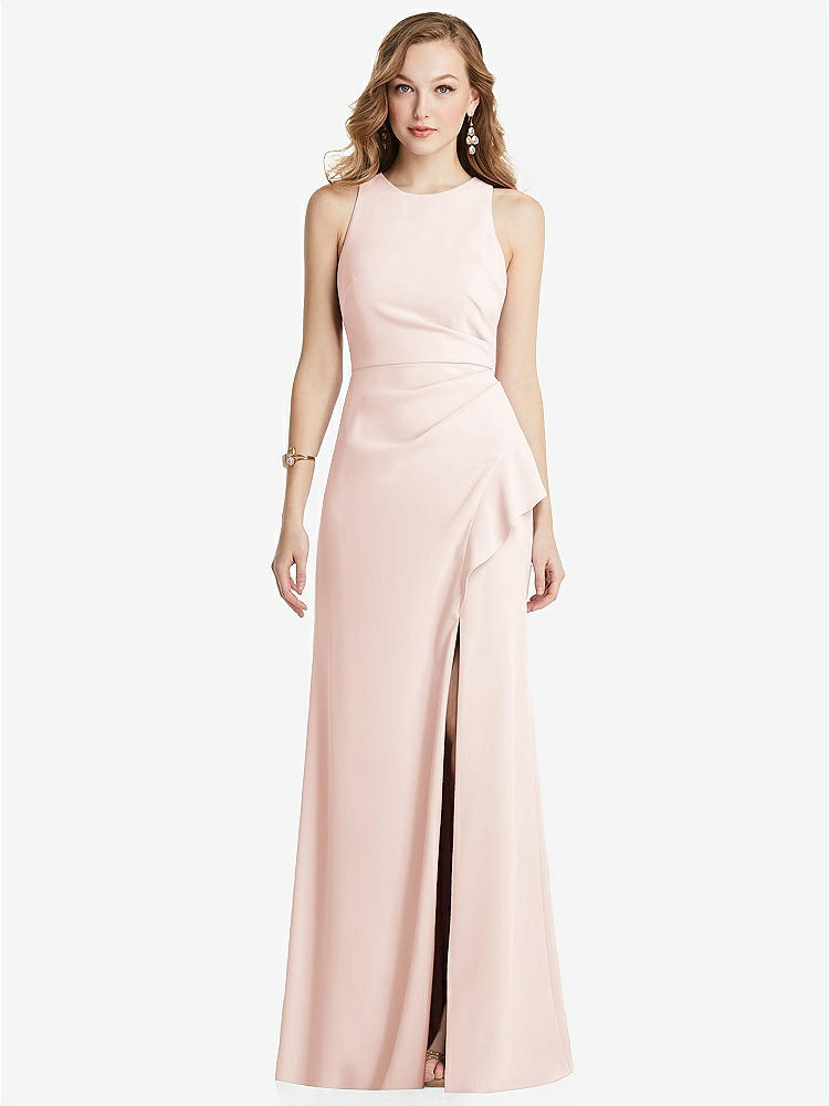 【NEW】【STYLE: 3081】ホルター マキシ ドレス カスケード フリル スリット【COLOR: Blush】【SIZE: 00-30W】