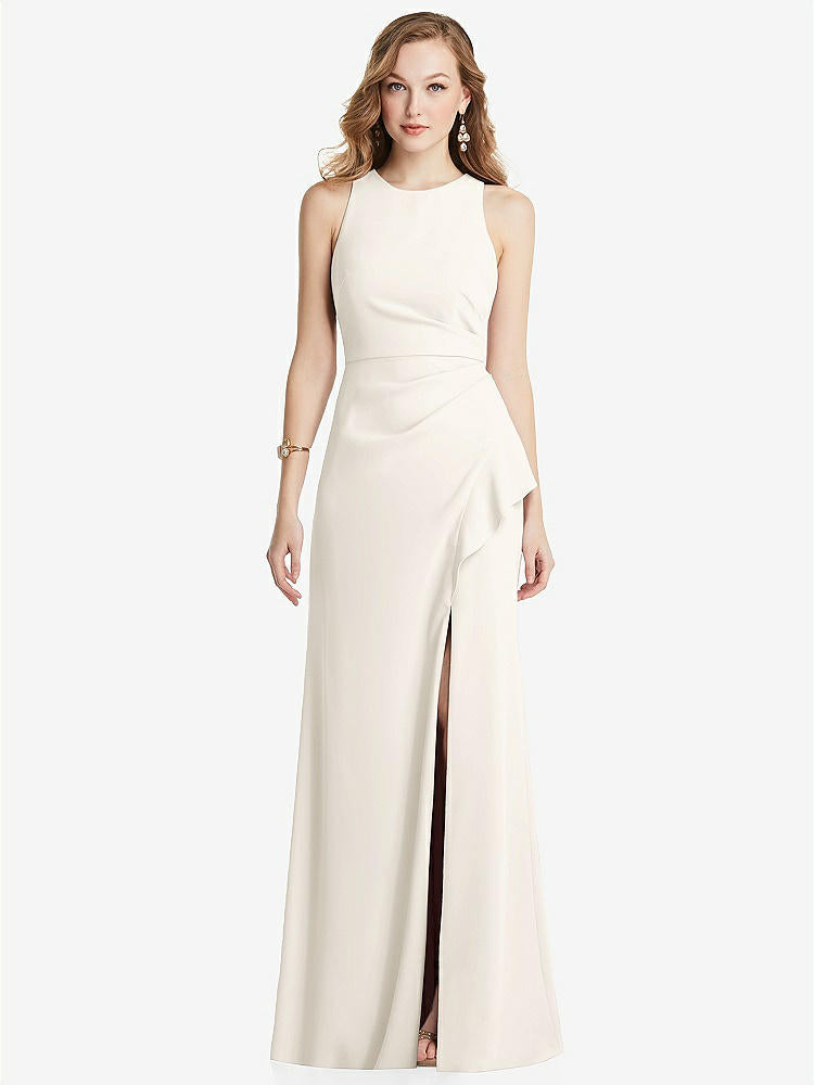 【STYLE: 3081】Halter Maxi Dress with Cascade Ruffle Slit【COLOR: Ivory】