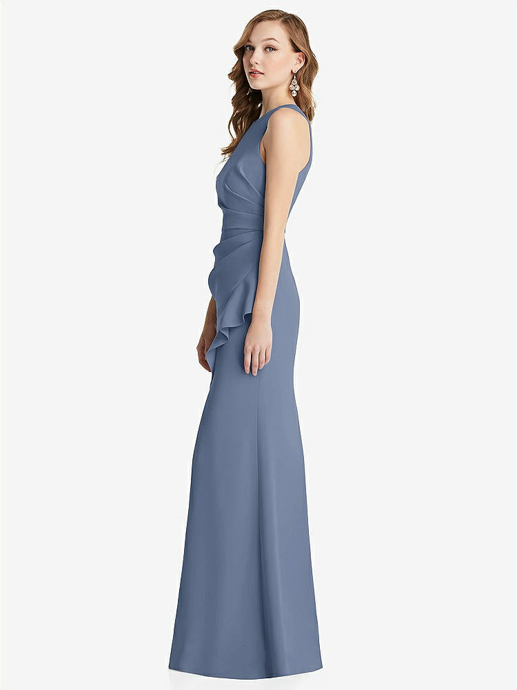 【NEW】【STYLE: 3081】ホルター マキシ ドレス カスケード フリル スリット【COLOR: Larkspur Blue】【SIZE: 00-30W】