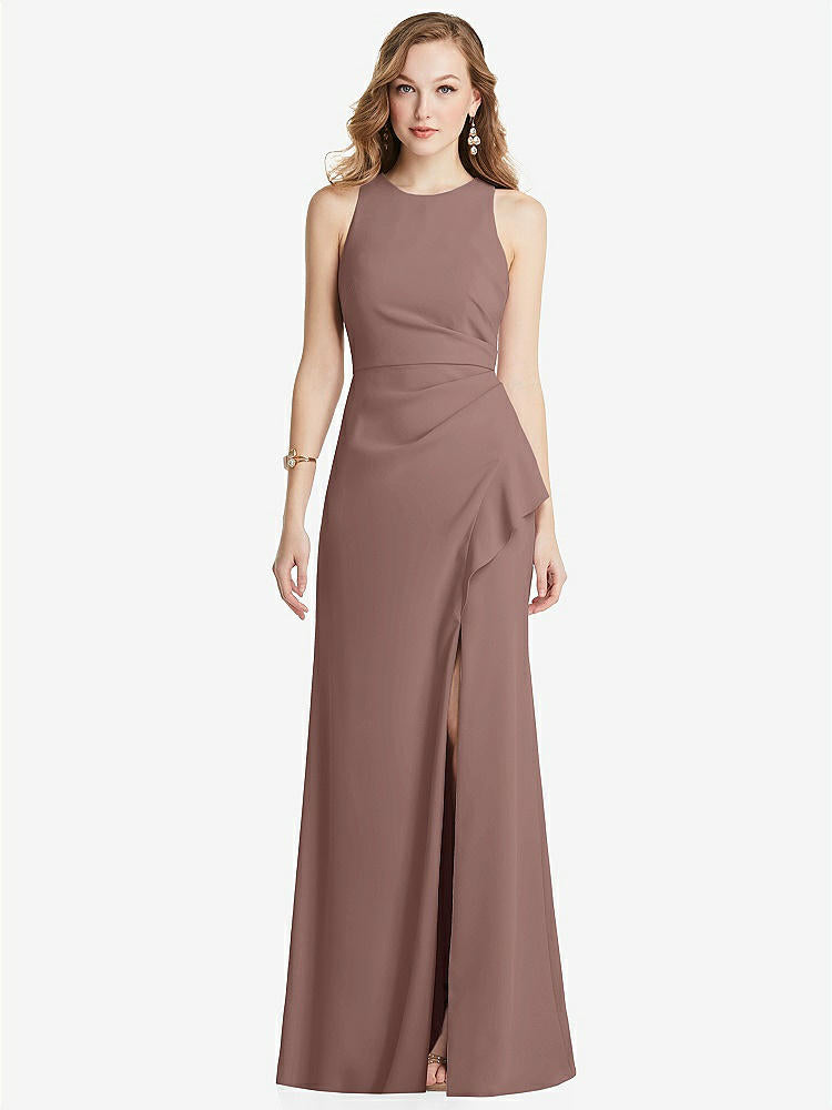 【STYLE: 3081】Halter Maxi Dress with Cascade Ruffle Slit【COLOR: Sienna】