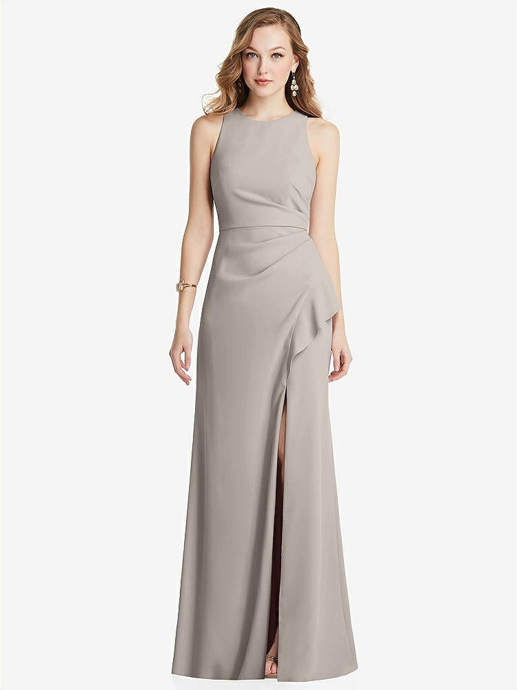 【NEW】【STYLE: 3081】ホルター マキシ ドレス カスケード フリル スリット【COLOR: Taupe】【SIZE: 00-30W】