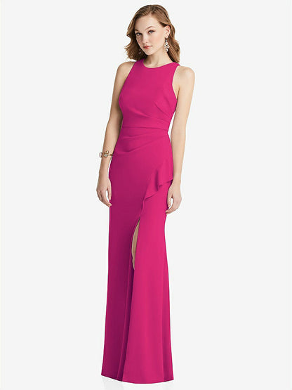 【NEW】【STYLE: 3081】ホルター マキシ ドレス カスケード フリル スリット【COLOR: Think Pink】【SIZE: 00-30W】