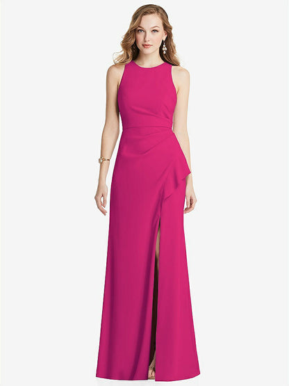 【NEW】【STYLE: 3081】ホルター マキシ ドレス カスケード フリル スリット【COLOR: Think Pink】【SIZE: 00-30W】