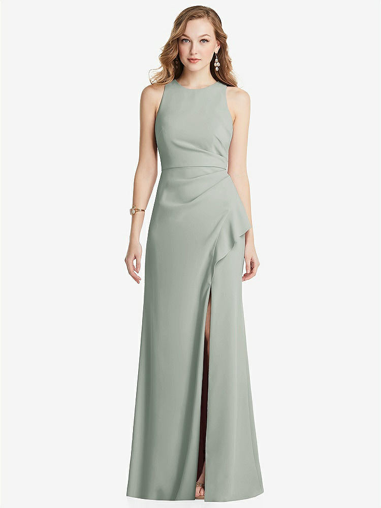 【NEW】【STYLE: 3081】ホルター マキシ ドレス カスケード フリル スリット【COLOR: Willow Green】【SIZE: 00-30W】