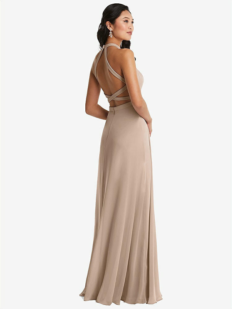 【STYLE: 3082】Stand Collar Halter Maxi Dress with Criss Cross Open-Back【COLOR: Topaz】