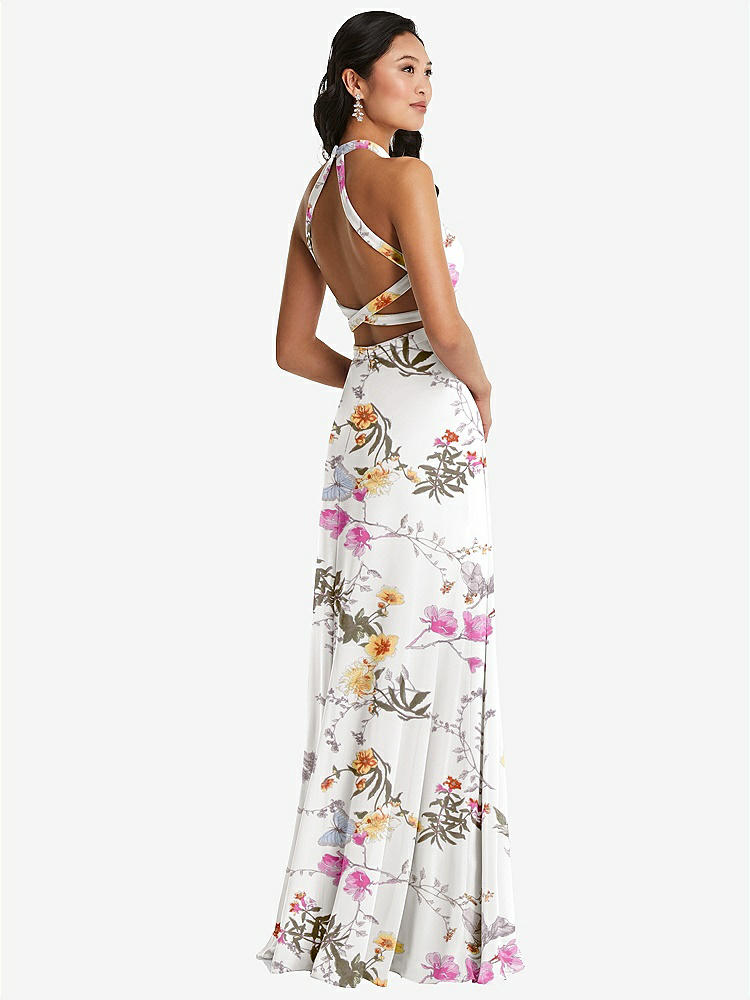 【STYLE: 3082】Stand Collar Halter Maxi Dress with Criss Cross Open-Back【COLOR: Butterfly Botanica Ivory】