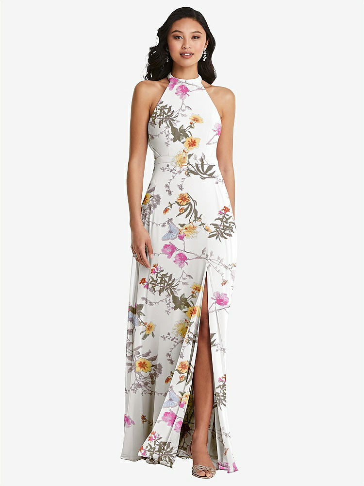 【STYLE: 3082】Stand Collar Halter Maxi Dress with Criss Cross Open-Back【COLOR: Butterfly Botanica Ivory】