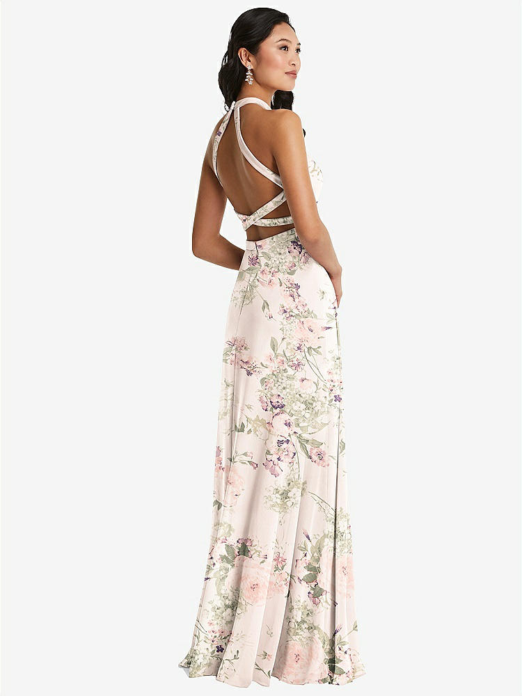 【STYLE: 3082】Stand Collar Halter Maxi Dress with Criss Cross Open-Back【COLOR: Blush Garden】
