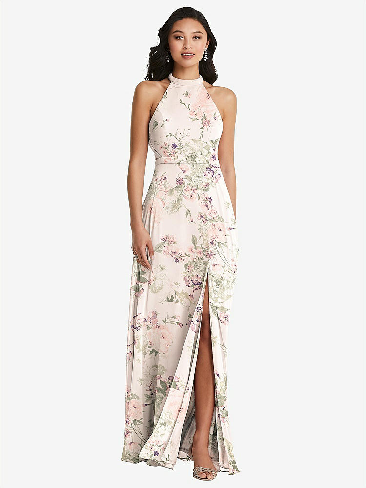【STYLE: 3082】Stand Collar Halter Maxi Dress with Criss Cross Open-Back【COLOR: Blush Garden】