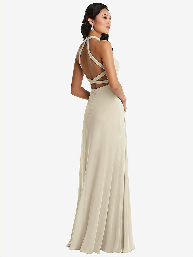 【STYLE: 3082】Stand Collar Halter Maxi Dress with Criss Cross Open-Back【COLOR: Champagne】