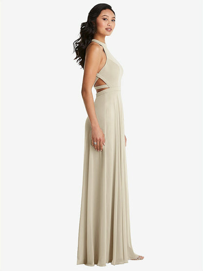 【STYLE: 3082】Stand Collar Halter Maxi Dress with Criss Cross Open-Back【COLOR: Champagne】