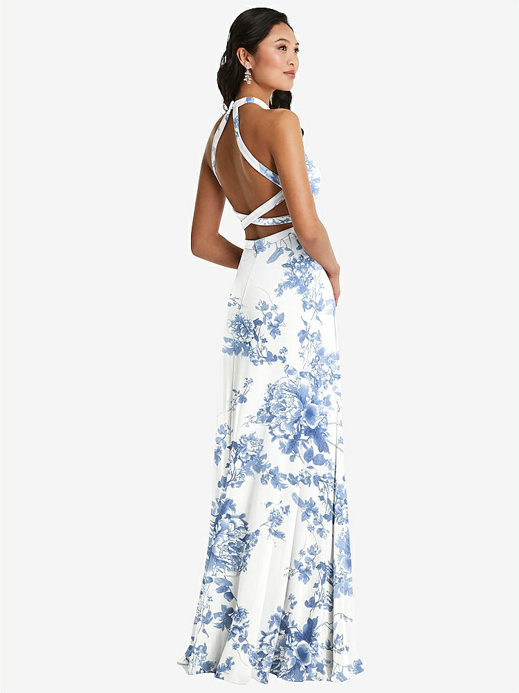 【STYLE: 3082】Stand Collar Halter Maxi Dress with Criss Cross Open-Back【COLOR: Cottage Rose Dusk Blue】