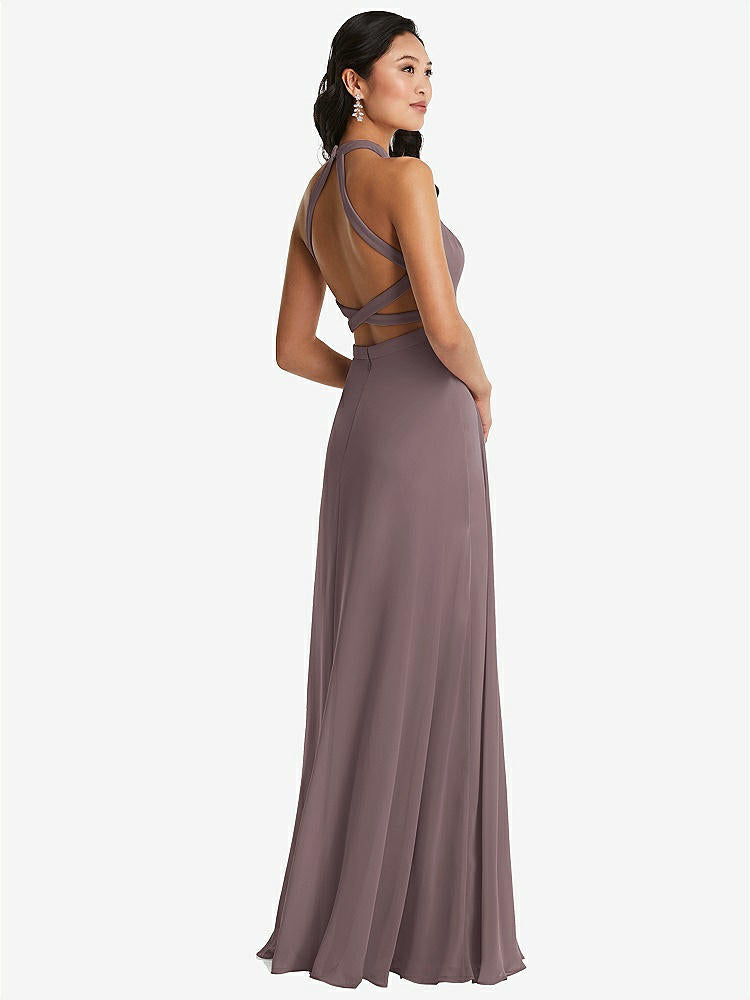【STYLE: 3082】Stand Collar Halter Maxi Dress with Criss Cross Open-Back【COLOR: French Truffle】