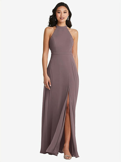 【STYLE: 3082】Stand Collar Halter Maxi Dress with Criss Cross Open-Back【COLOR: French Truffle】
