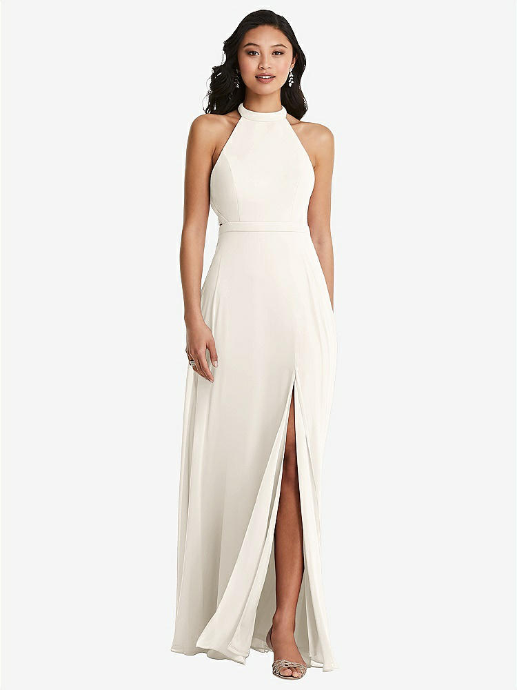 【STYLE: 3082】Stand Collar Halter Maxi Dress with Criss Cross Open-Back【COLOR: Ivory】