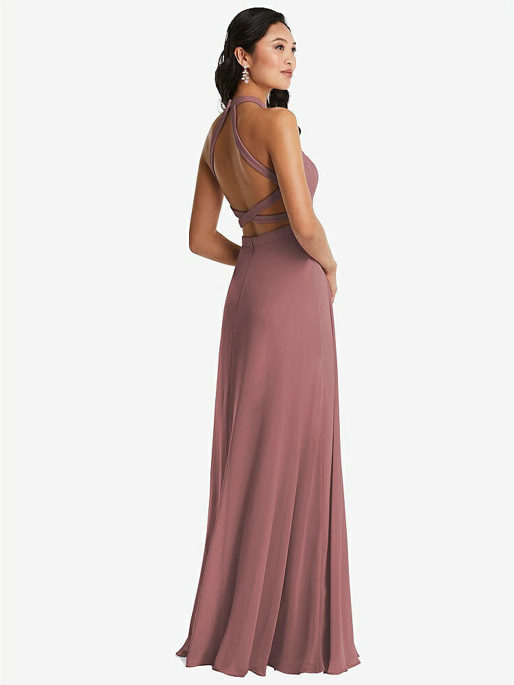【STYLE: 3082】Stand Collar Halter Maxi Dress with Criss Cross Open-Back【COLOR: Rosewood】