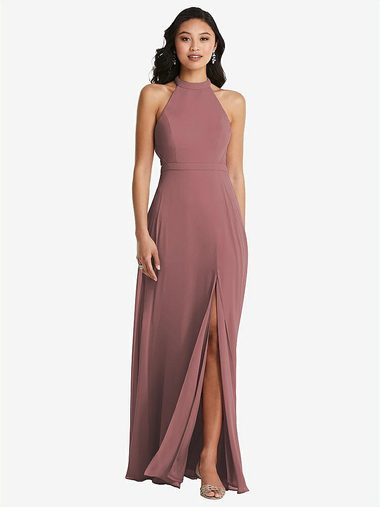 【STYLE: 3082】Stand Collar Halter Maxi Dress with Criss Cross Open-Back【COLOR: Rosewood】