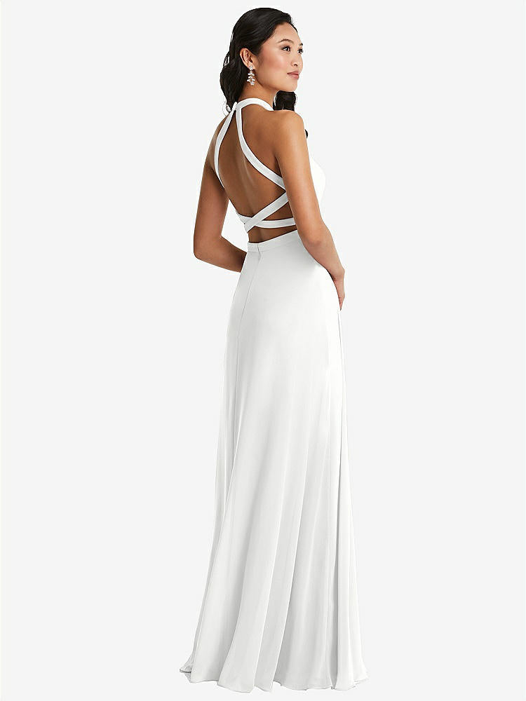 【STYLE: 3082】Stand Collar Halter Maxi Dress with Criss Cross Open-Back【COLOR: White】