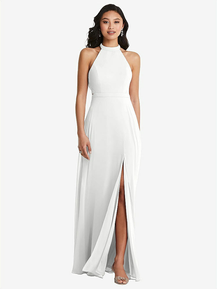 【STYLE: 3082】Stand Collar Halter Maxi Dress with Criss Cross Open-Back【COLOR: White】