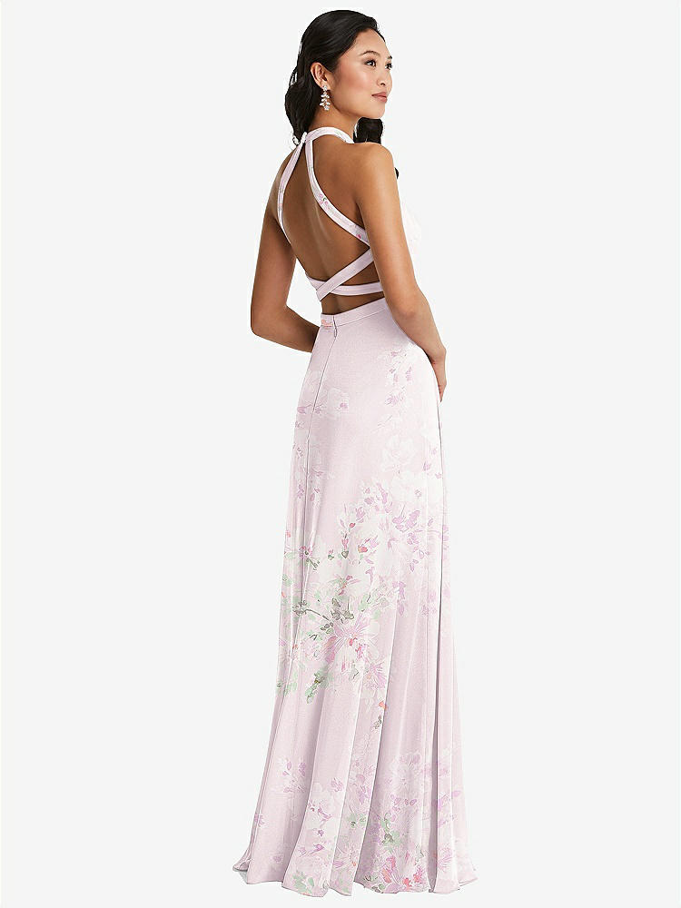 【STYLE: 3082】Stand Collar Halter Maxi Dress with Criss Cross Open-Back【COLOR: Watercolor Print】