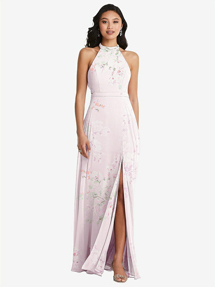 【STYLE: 3082】Stand Collar Halter Maxi Dress with Criss Cross Open-Back【COLOR: Watercolor Print】