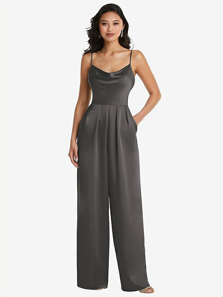 【STYLE: 3080】Cowl-Neck Spaghetti Strap Maxi Jumpsuit with Pockets【COLOR: Caviar Gray】