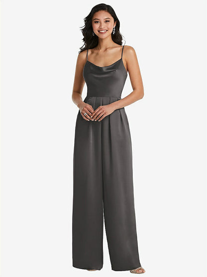 【STYLE: 3080】Cowl-Neck Spaghetti Strap Maxi Jumpsuit with Pockets【COLOR: Caviar Gray】