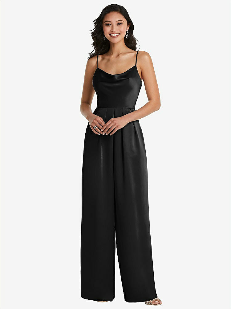 【STYLE: 3080】Cowl-Neck Spaghetti Strap Maxi Jumpsuit with Pockets【COLOR: Black】
