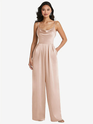 【NEW】【STYLE: 3080】カウルネック スパゲッティ ストラップ マキシ ジャンプスーツ ポケット【COLOR: Cameo】【SIZE: 00-30W】