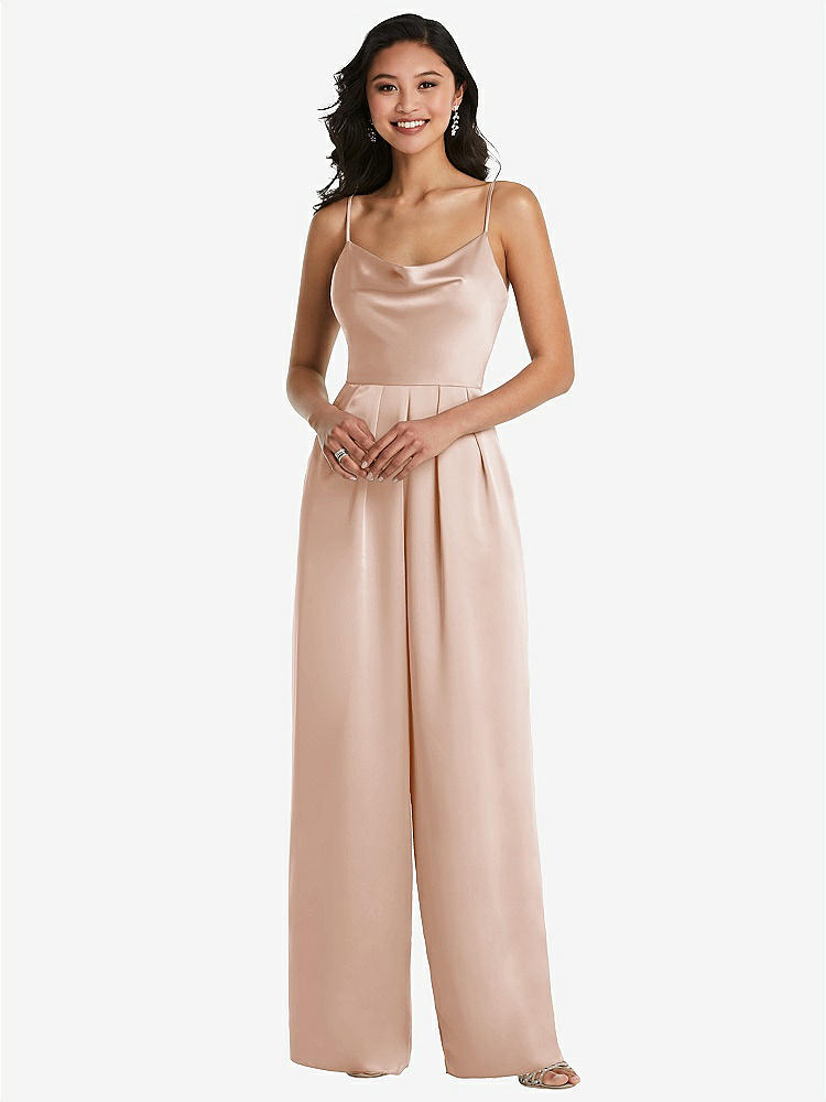 【STYLE: 3080】Cowl-Neck Spaghetti Strap Maxi Jumpsuit with Pockets【COLOR: Cameo】