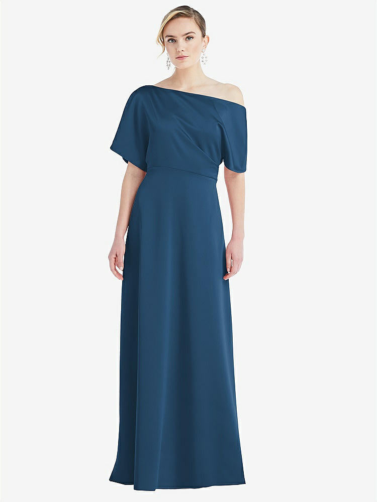 【STYLE: 3076】One-Shoulder Sleeved Blouson Trumpet Gown【COLOR: Dusk Blue】