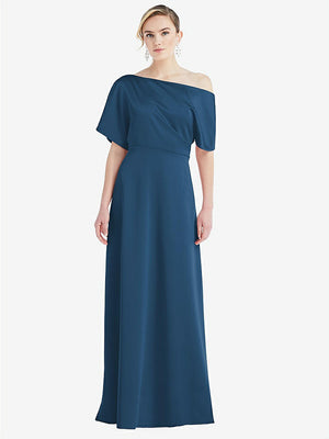 【STYLE: 3076】One-Shoulder Sleeved Blouson Trumpet Gown【COLOR: Dusk Blue】