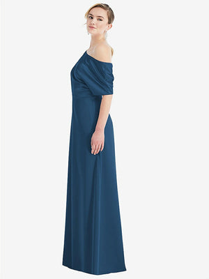 【STYLE: 3076】One-Shoulder Sleeved Blouson Trumpet Gown【COLOR: Dusk Blue】