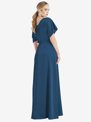 【STYLE: 3076】One-Shoulder Sleeved Blouson Trumpet Gown【COLOR: Dusk Blue】