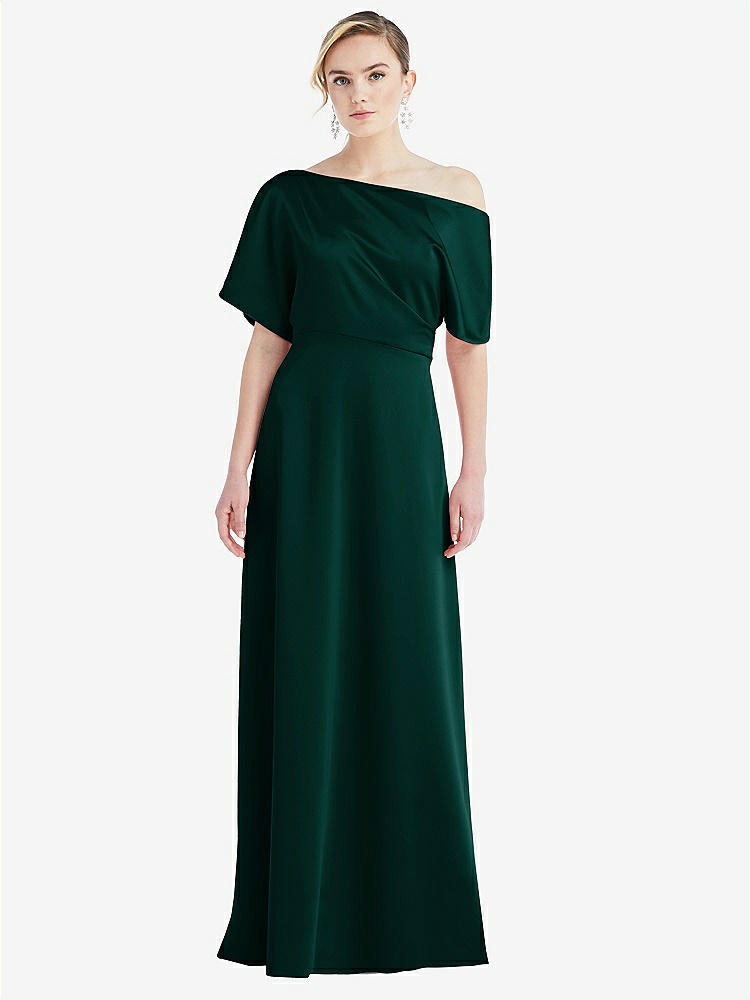 【STYLE: 3076】One-Shoulder Sleeved Blouson Trumpet Gown【COLOR: Evergreen】