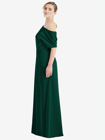 【STYLE: 3076】One-Shoulder Sleeved Blouson Trumpet Gown【COLOR: Hunter Green】