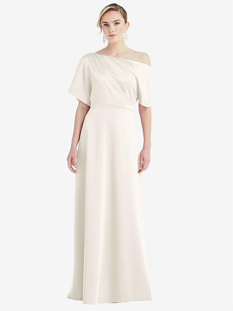 【STYLE: 3076】One-Shoulder Sleeved Blouson Trumpet Gown【COLOR: Ivory】