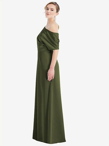 【STYLE: 3076】One-Shoulder Sleeved Blouson Trumpet Gown【COLOR: Olive Green】