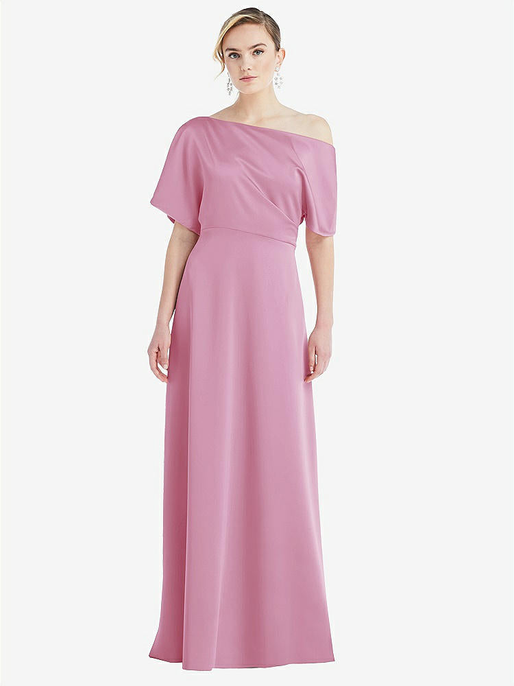 【STYLE: 3076】One-Shoulder Sleeved Blouson Trumpet Gown【COLOR: Powder Pink】