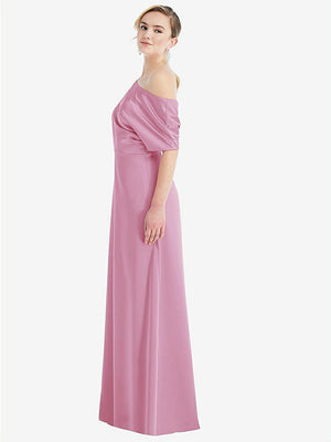【STYLE: 3076】One-Shoulder Sleeved Blouson Trumpet Gown【COLOR: Powder Pink】