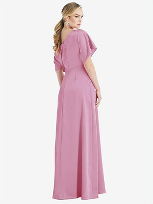 【STYLE: 3076】One-Shoulder Sleeved Blouson Trumpet Gown【COLOR: Powder Pink】