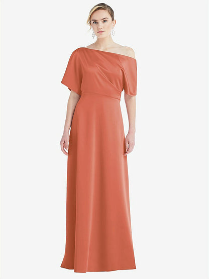 【STYLE: 3076】One-Shoulder Sleeved Blouson Trumpet Gown【COLOR: Terracotta Copper】