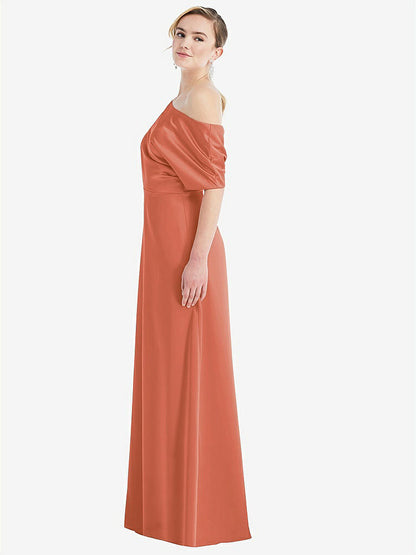 【STYLE: 3076】One-Shoulder Sleeved Blouson Trumpet Gown【COLOR: Terracotta Copper】