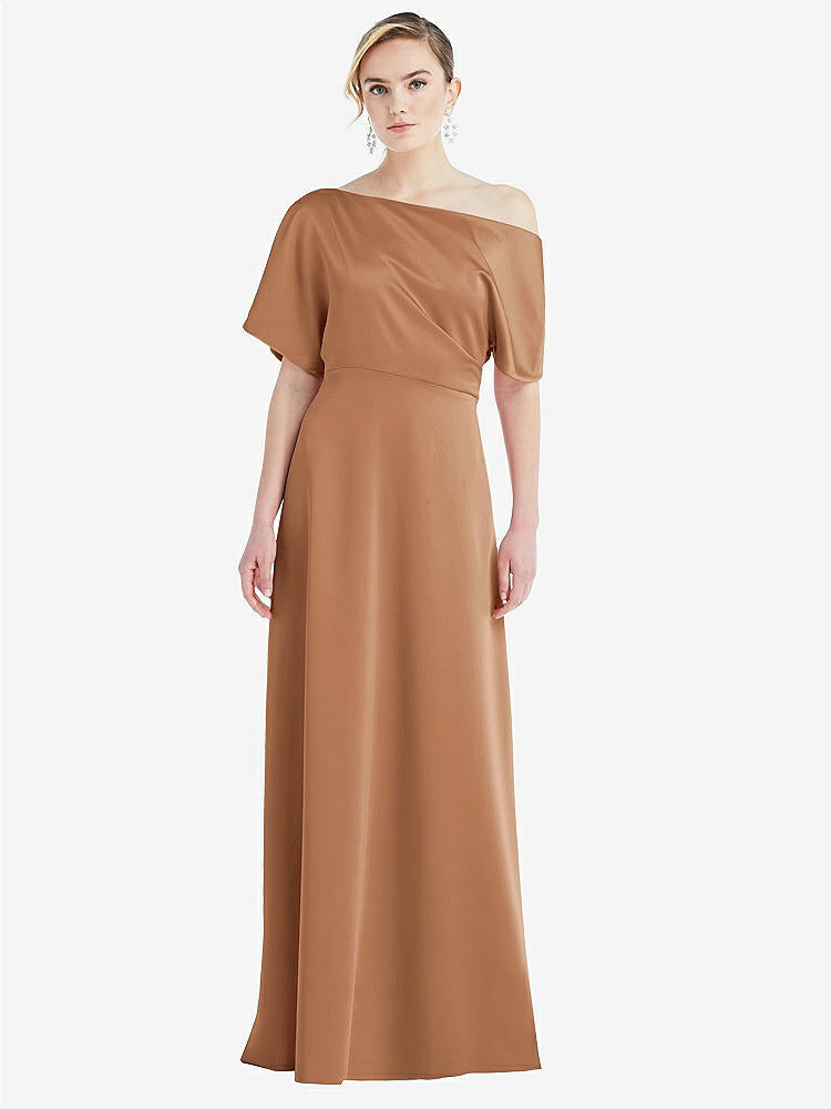 【NEW】【STYLE: 3076】ワンショルダー スリーブ ブルーソン トランペット ガウン【COLOR: Toffee】【SIZE: 00-30W】