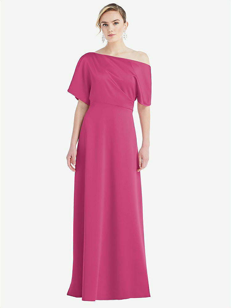 【STYLE: 3076】One-Shoulder Sleeved Blouson Trumpet Gown【COLOR: Tea Rose】
