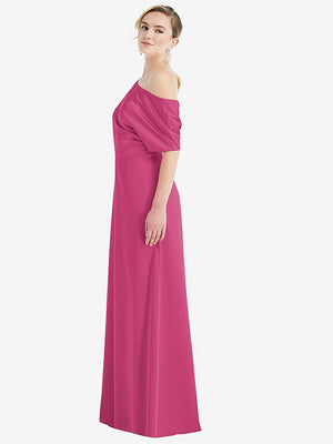 【STYLE: 3076】One-Shoulder Sleeved Blouson Trumpet Gown【COLOR: Tea Rose】