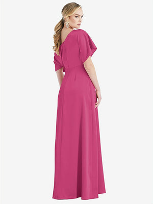 【STYLE: 3076】One-Shoulder Sleeved Blouson Trumpet Gown【COLOR: Tea Rose】