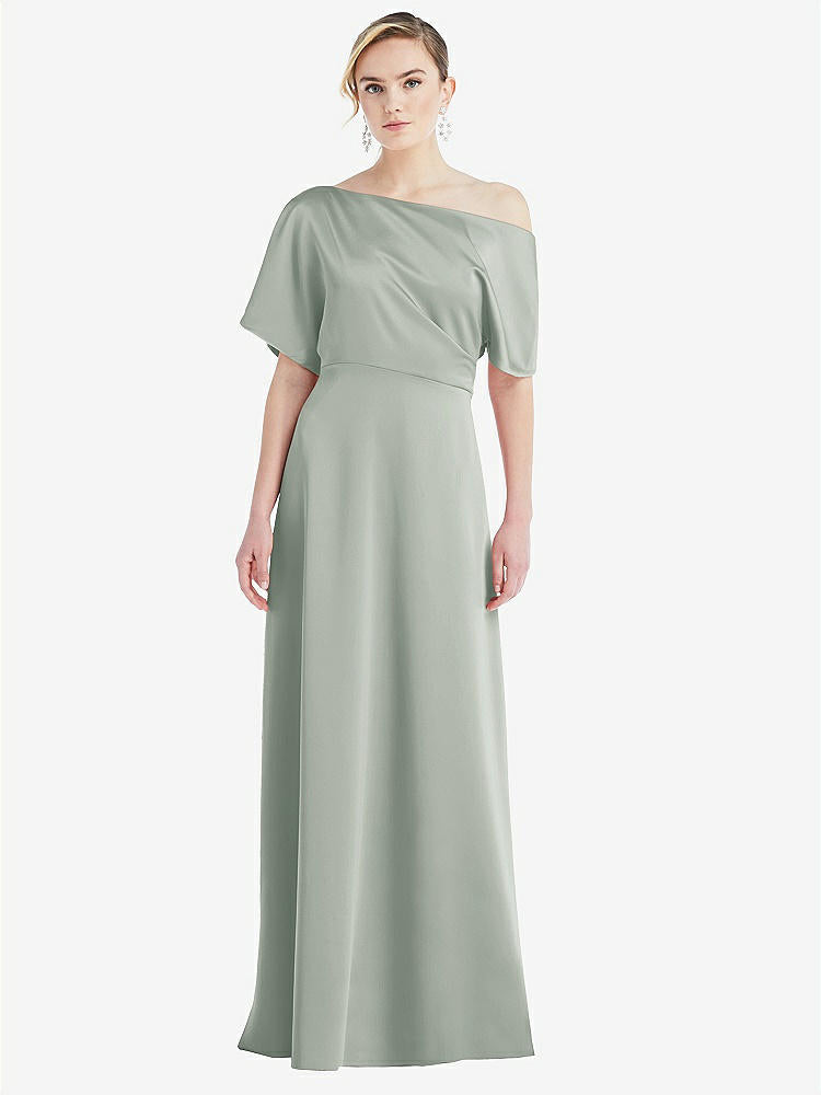 【STYLE: 3076】One-Shoulder Sleeved Blouson Trumpet Gown【COLOR: Willow Green】