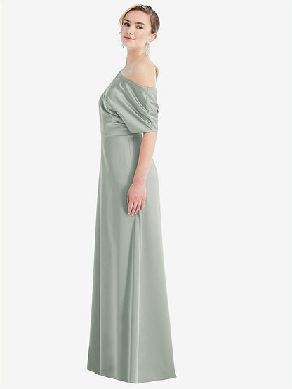 【STYLE: 3076】One-Shoulder Sleeved Blouson Trumpet Gown【COLOR: Willow Green】