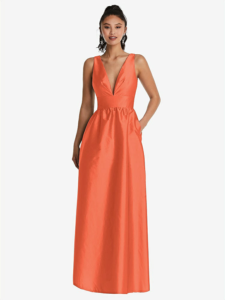 【STYLE: TH072】Plunging Neckline Maxi Dress with Pockets【COLOR: Fiesta】